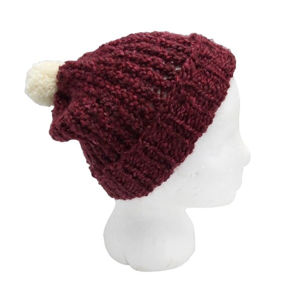 Chunky Beanie Slouch Hat Toque Cream Pompom S-M Dark Burgundy Handmade Loom Knit - Picture 1 of 16